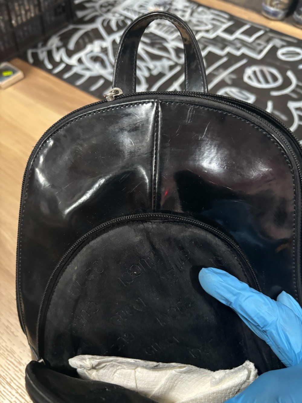 Gucci Black Patent Leather Mini Backpack with Front Zip Pocket - Picture 4 of 4